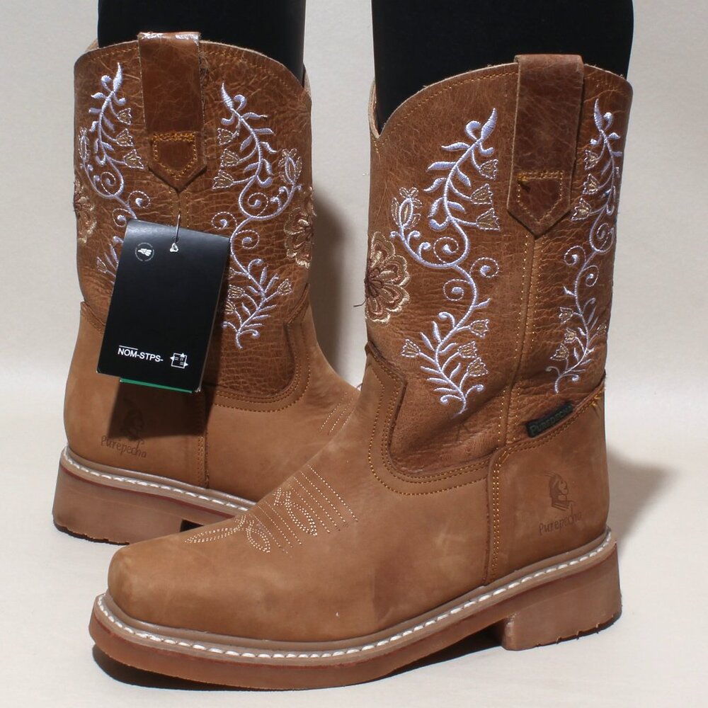 Womens Purepecha Boots Size 5.5 Brown Leather Pull On Mid Calf Cowgirl Western